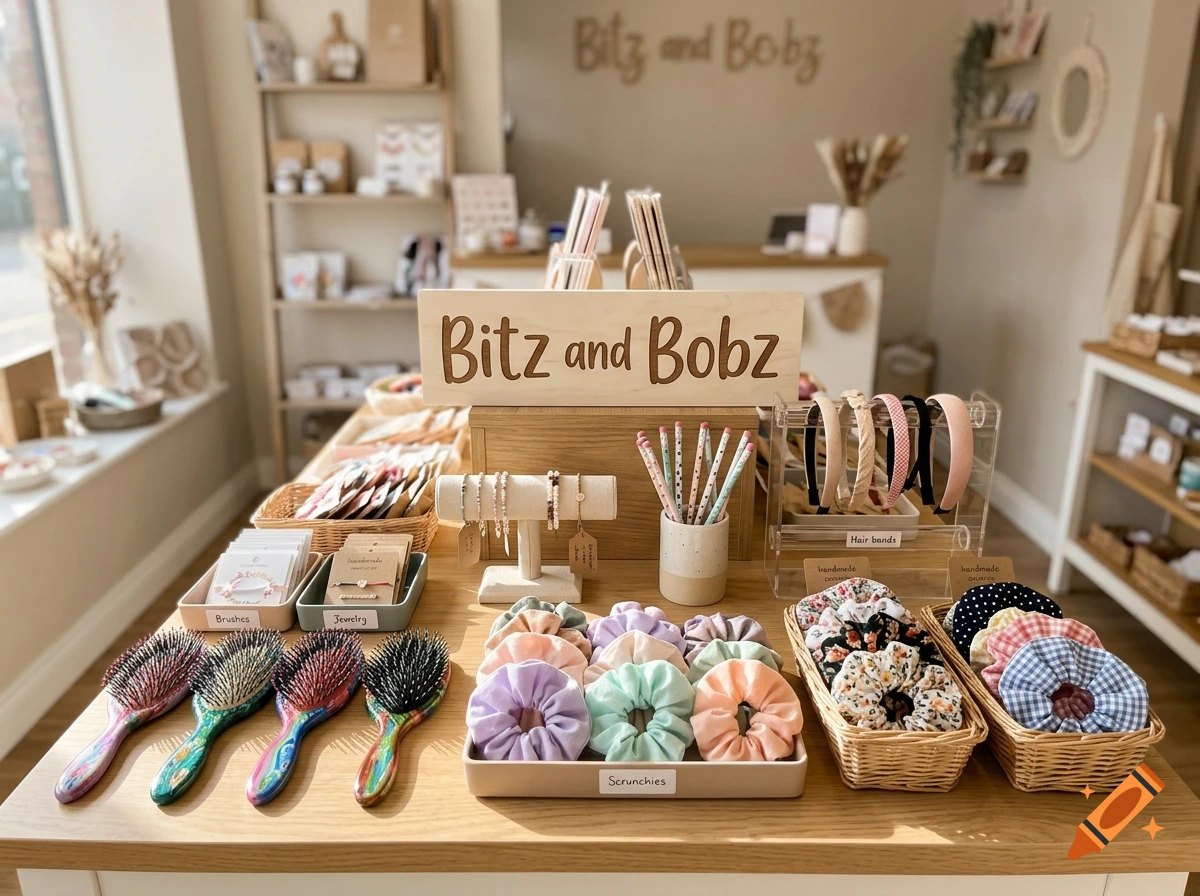 Photorealistic image of a boutique store counter displaying hair brushes, scrunchies, bracelets, and a sign reading Bitz and Bobz.