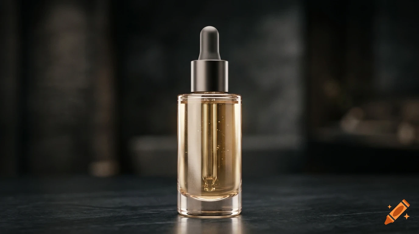 A glass dropper bottle filled with golden serum standing on a dark surface.