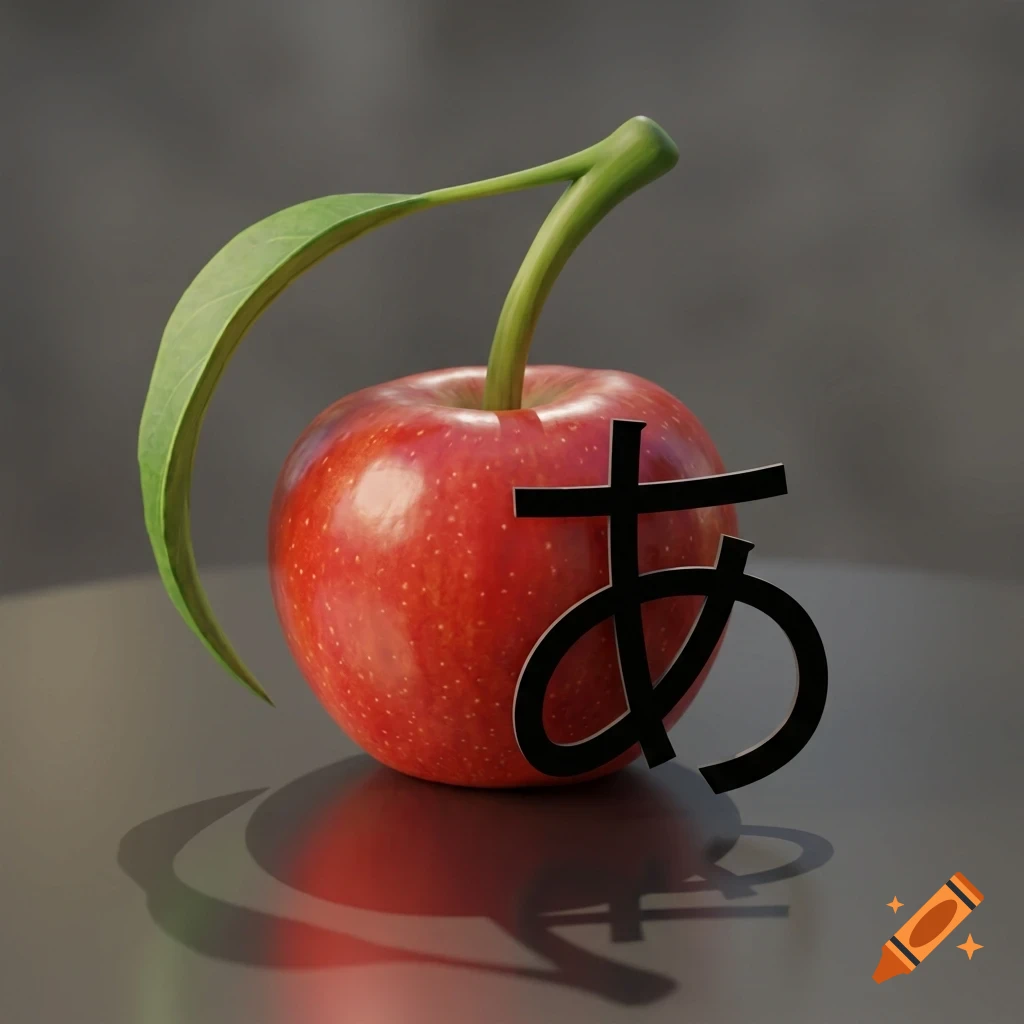 A shiny red apple with a long stem, green leaf, and a black Japanese character 'a' in front of it on a dark surface.