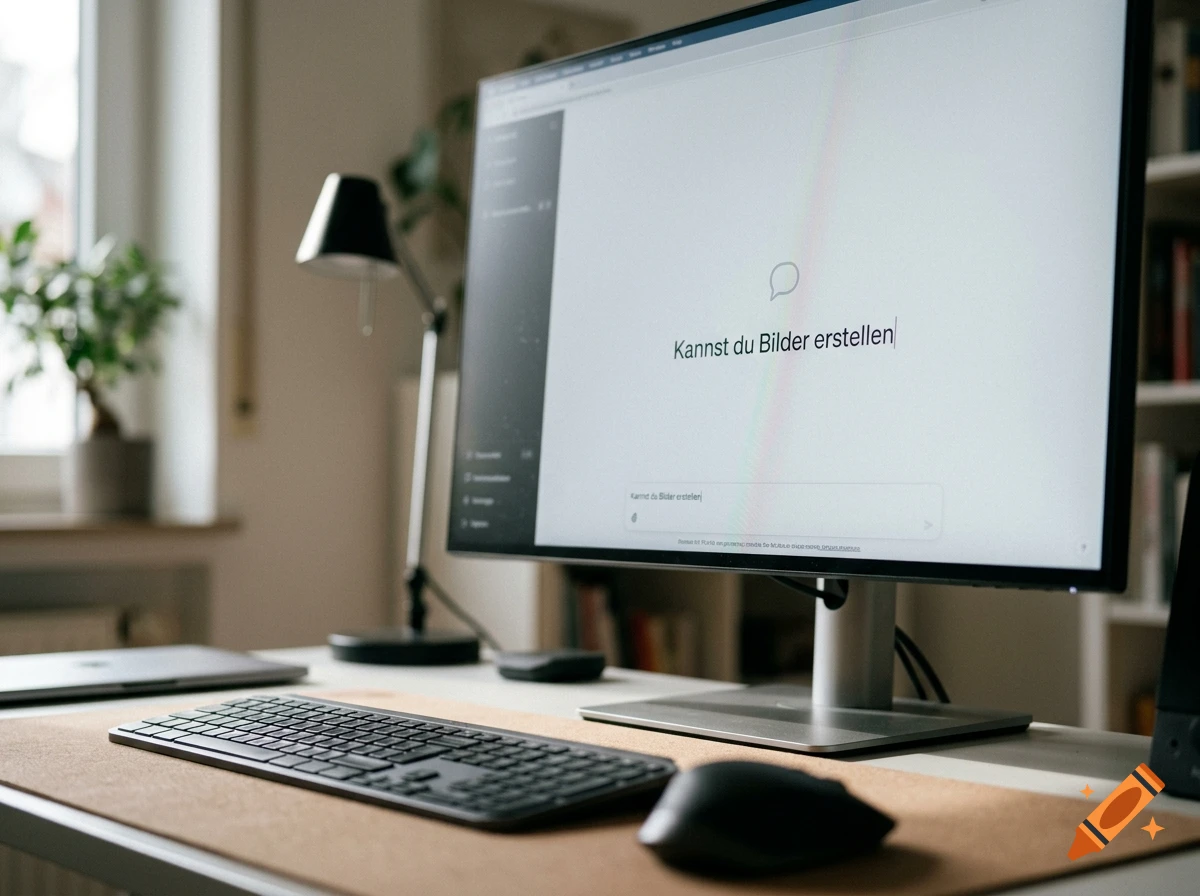 Photorealistic workspace with a computer monitor displaying the German text 'Kannst du Bilder erstellen', a keyboard, mouse, and desk lamp.