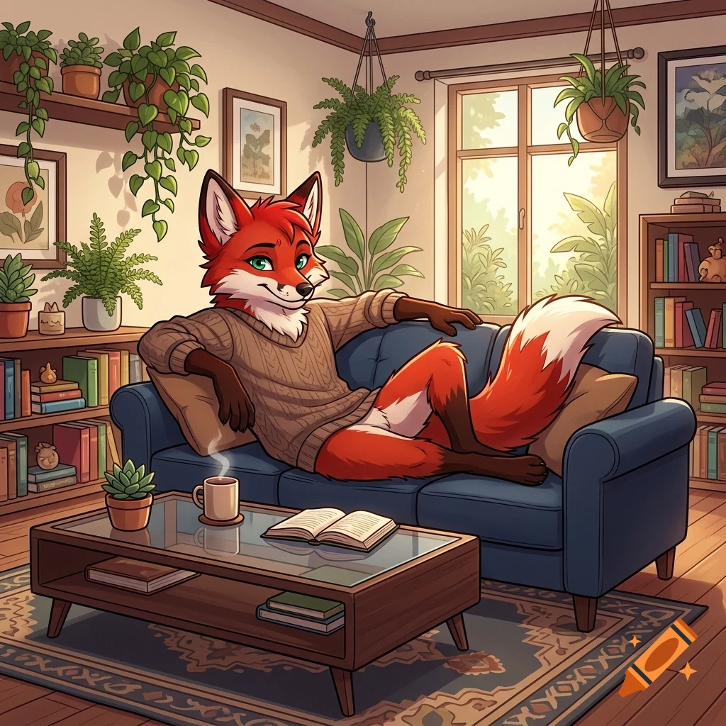 An anthropomorphic red fox wearing a brown sweater lounges comfortably on a blue sofa in a plant-filled living room, with an open book and a steaming mug on the coffee table.