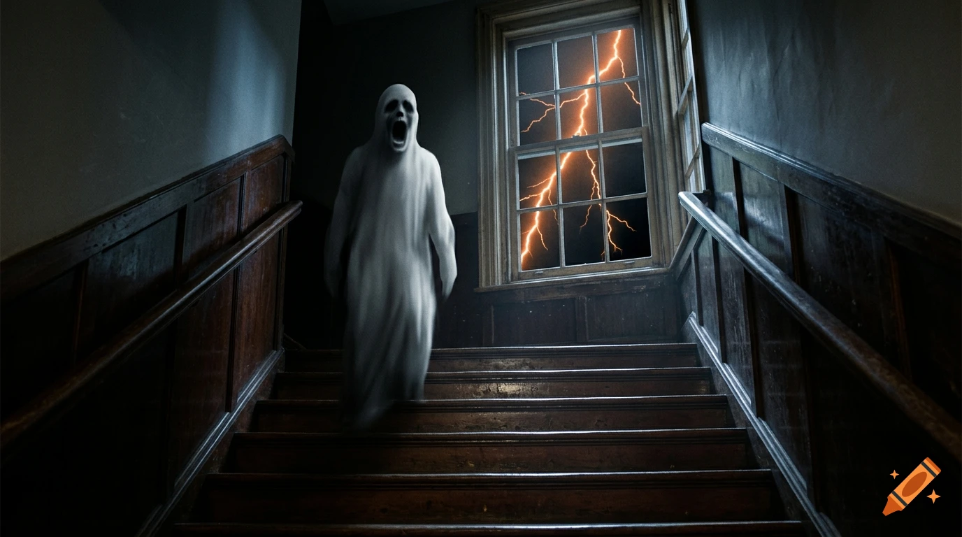 A white specter with an open mouth descending wooden stairs in a dark interior with a window showing lightning.