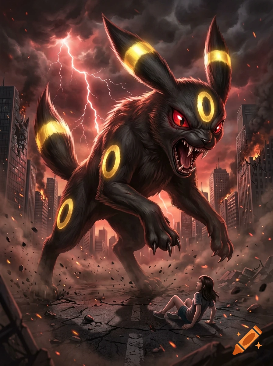 A giant black beast with glowing yellow rings and red eyes standing in a ruined city, towering over a terrified girl on the ground.