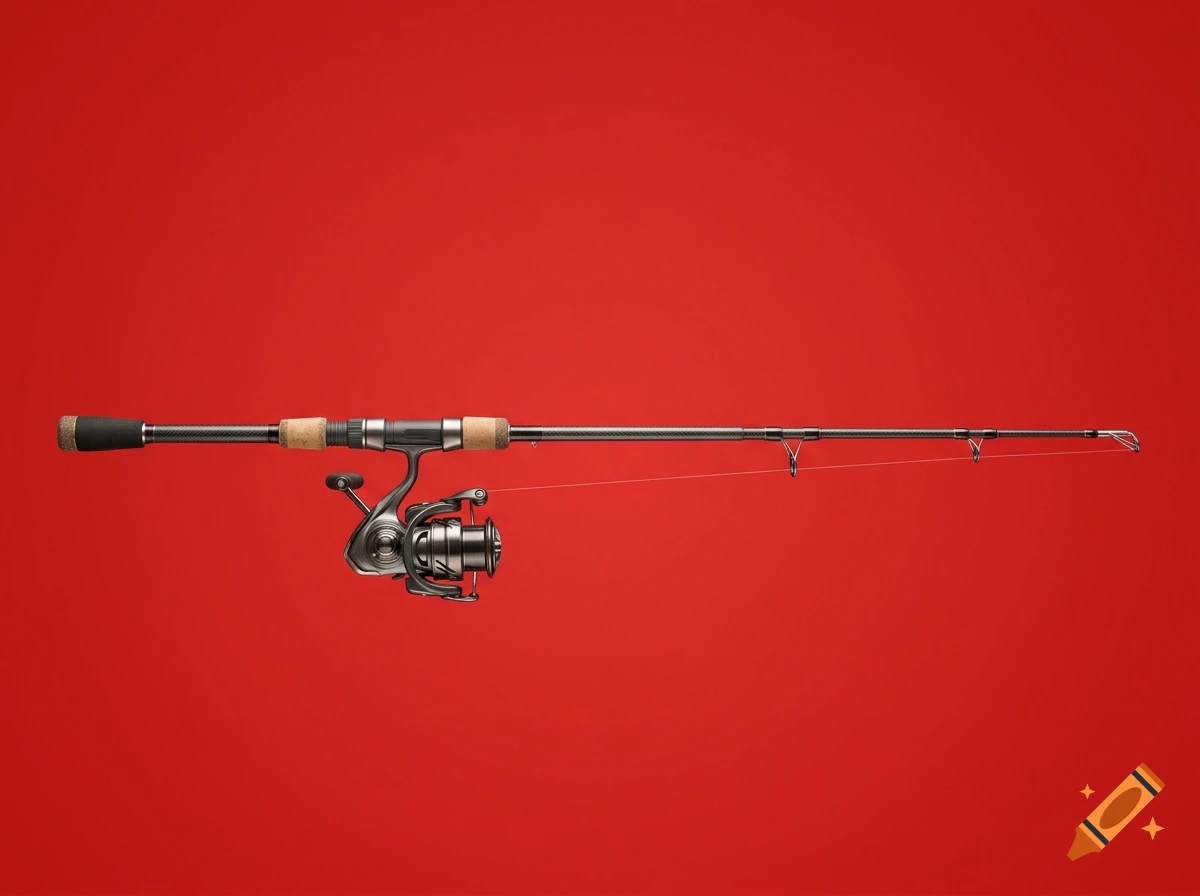 A fishing rod with a spinning reel attached is displayed horizontally against a solid red background.