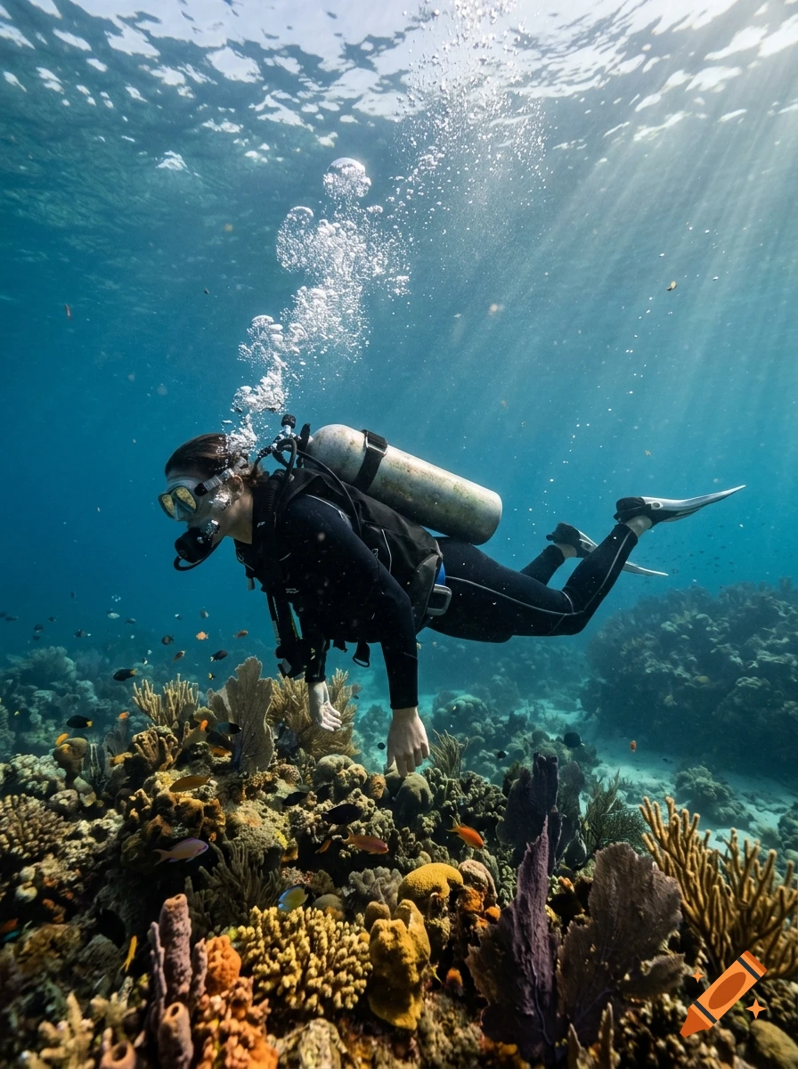 Photorealistic underwater shot of a scuba diver exploring a vibrant coral reef with colorful fish and bubbles ascending.