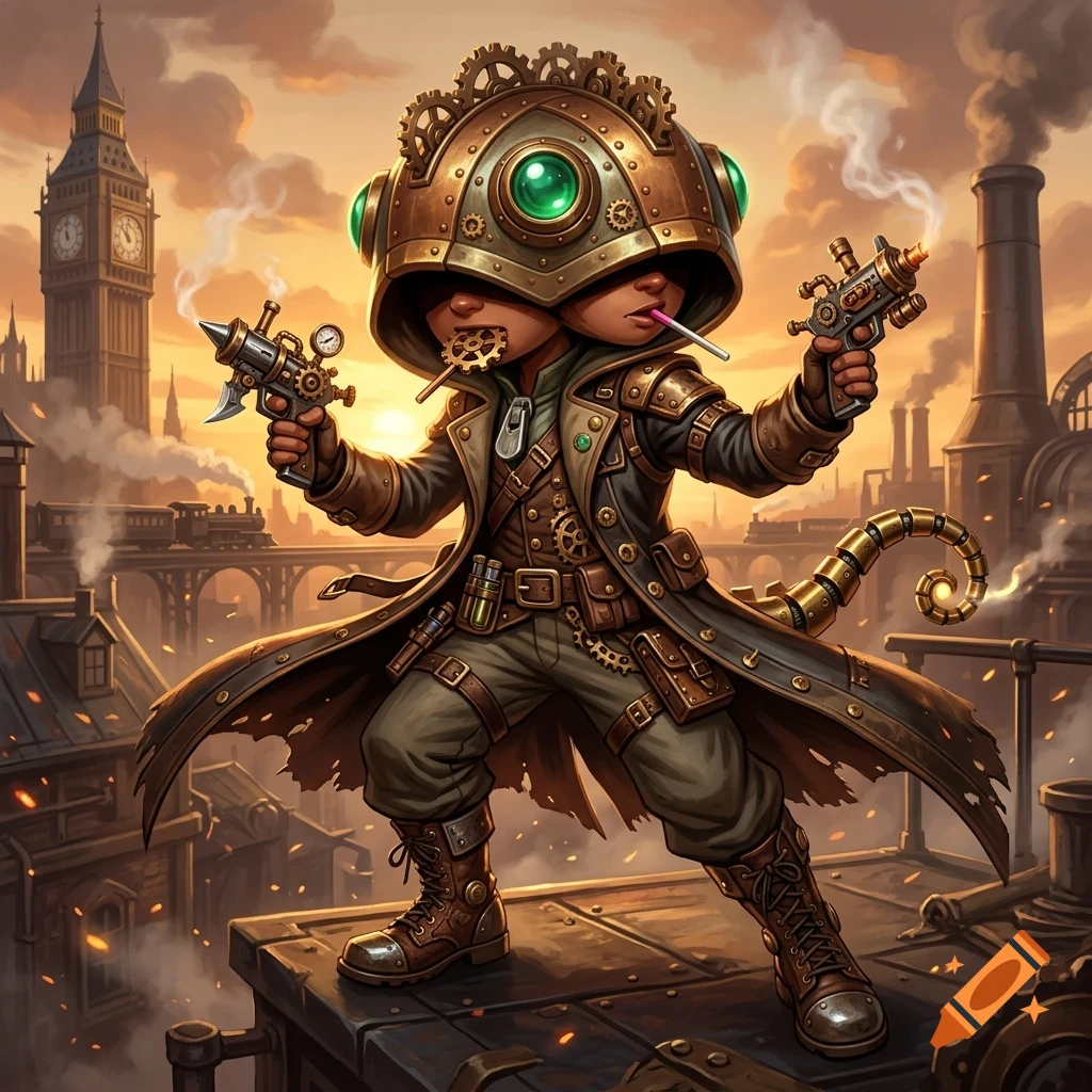 A stylized fantasy character in steampunk attire and a large metallic helmet holding two small retro-futuristic pistols on a rooftop against an industrial city skyline.