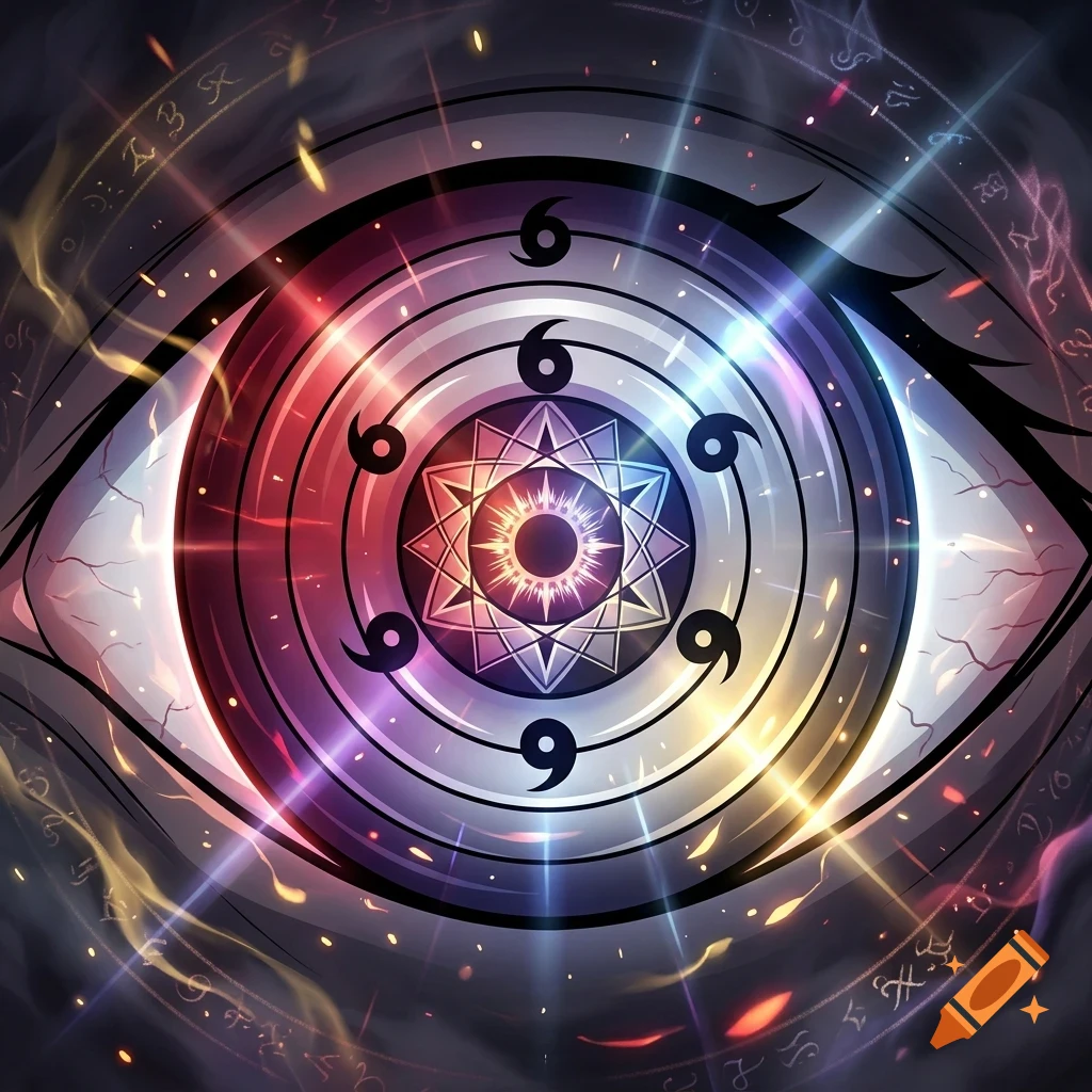 Close-up of a stylized, glowing mystical eye with concentric circles, swirling tomoe symbols, and intricate geometric patterns in the iris, surrounded by magical runes and sparks.