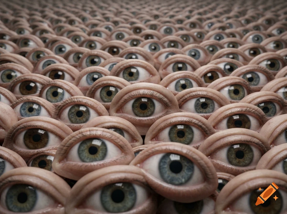 An endless field of realistic open human eyes with diverse iris colors looking forward.