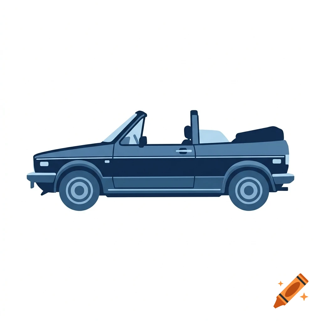 A side profile illustration of a blue convertible car in a flat vector style.
