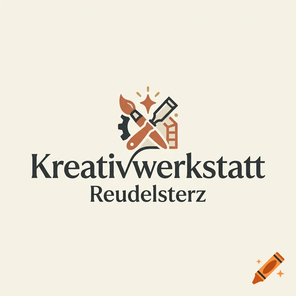 Minimalist logo for Kreativwerkstatt Reudelsterz featuring artistic icons like a paintbrush and chisel in earth tones.