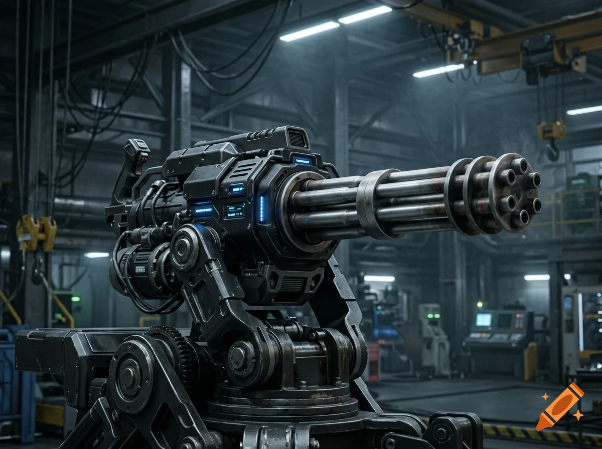 A close-up shot of a futuristic heavy Gatling-style turret weapon mounted inside an industrial factory or hangar.