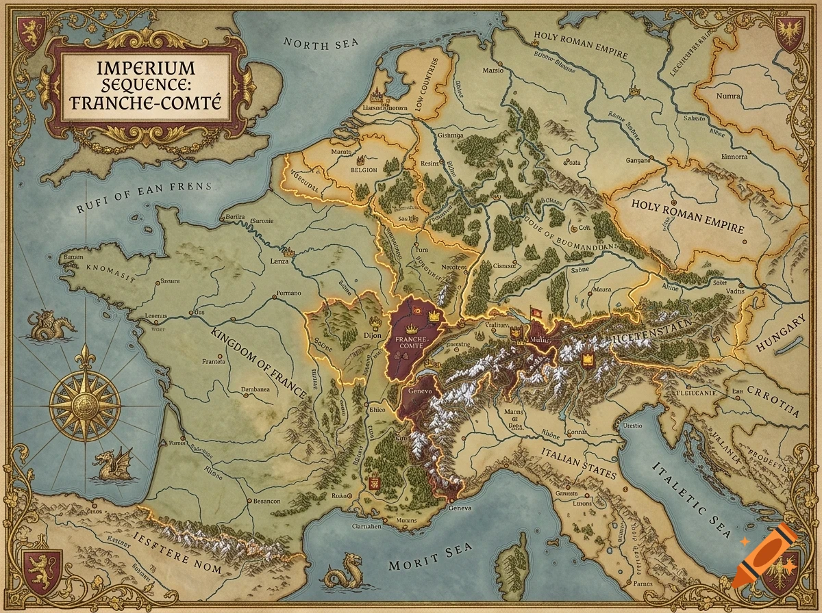 An illustrated fantasy map titled "Imperium Sequence: Franche-Comte", showing regions like France, the Holy Roman Empire, and various fictional locations.