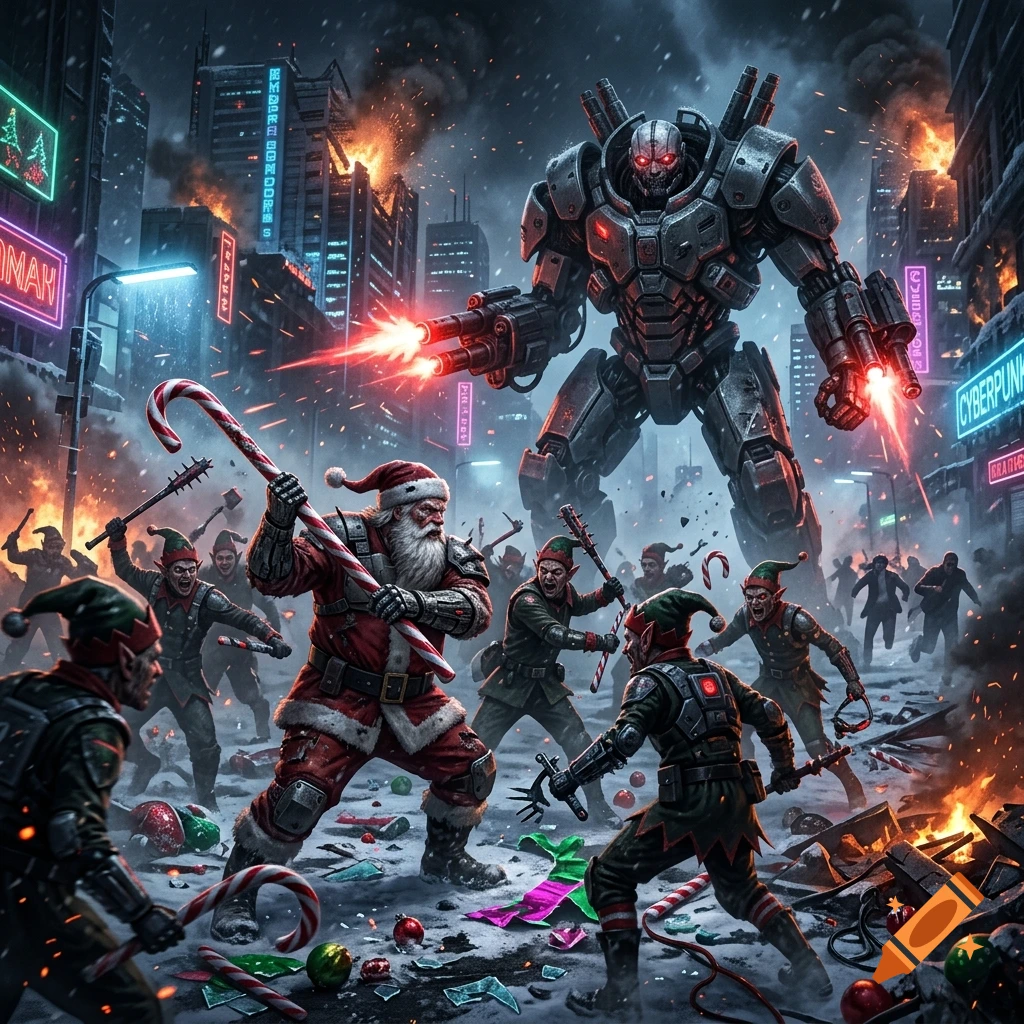 Cyberpunk city street battle featuring Santa, elves fighting with candy canes, and a large mech in the background.