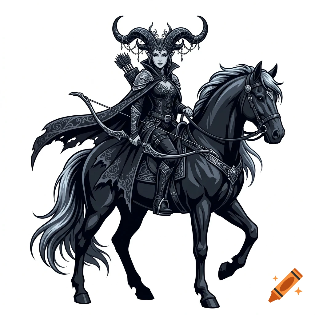 An armored dark elf woman with large horns and a bow riding a black horse.