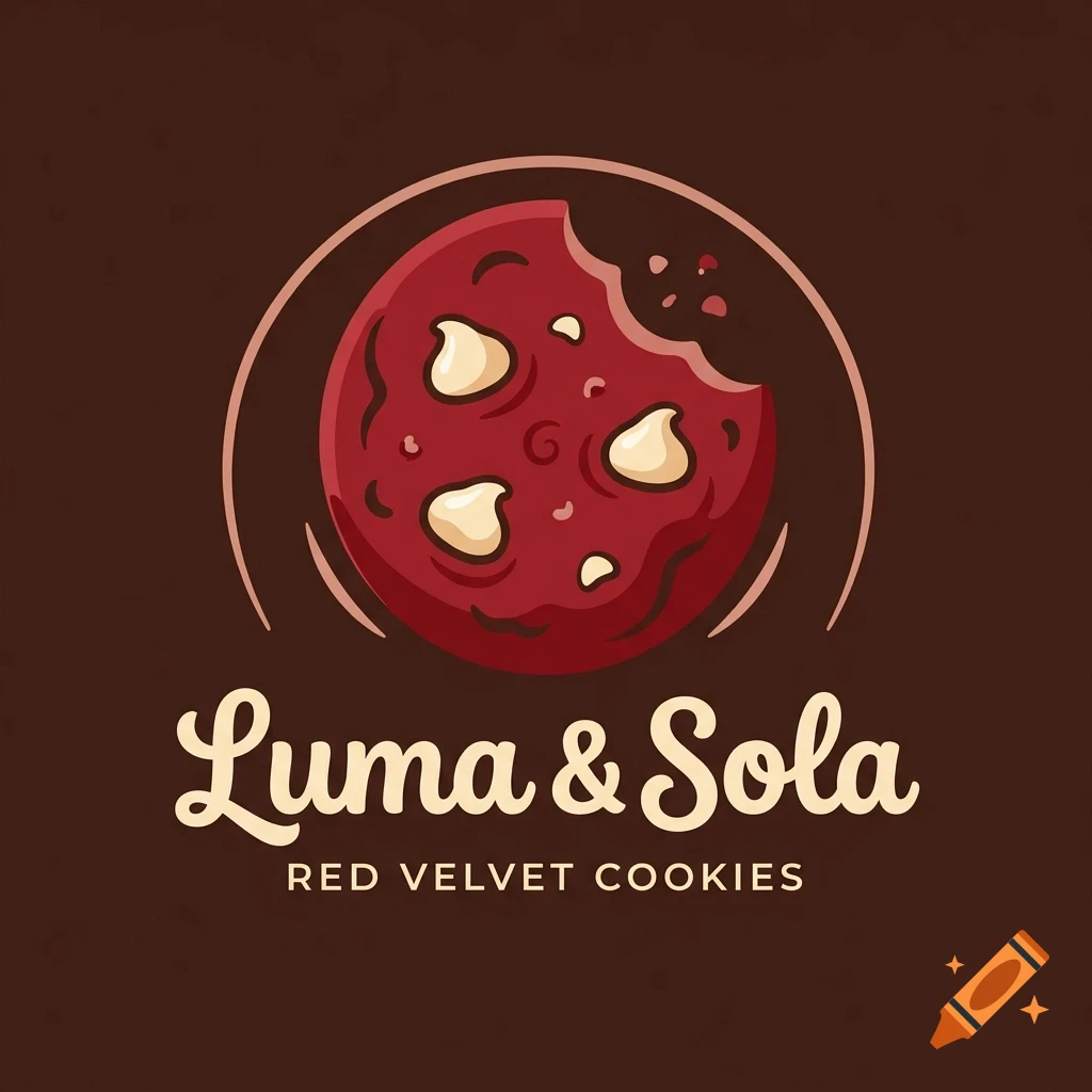 A logo for Luma & Sola Red Velvet Cookies featuring an illustration of a bitten red velvet cookie with white chocolate chips against a dark brown background.