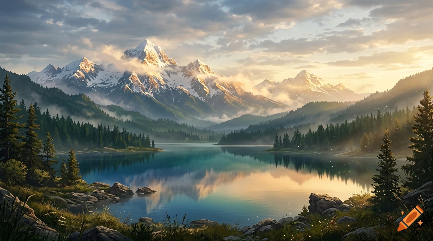 Scenic digital painting of a tranquil alpine lake reflecting majestic snow-capped mountains and pine forests under a cloudy sunset sky.