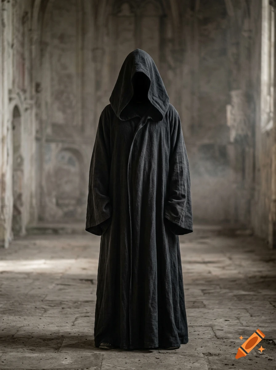 A photorealistic figure in a dark hooded robe standing inside an abandoned stone cathedral.