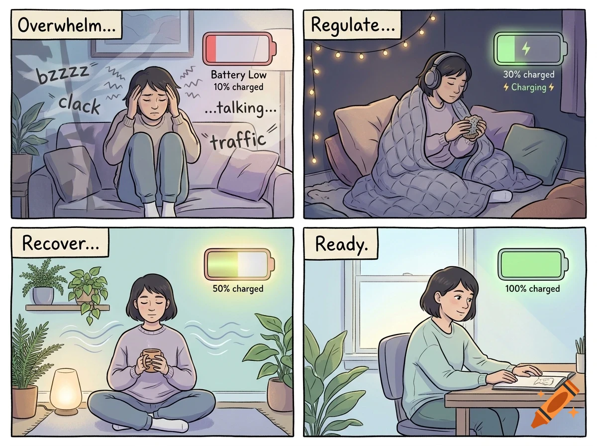A four-panel comic strip depicting a person's energy levels and recovery process, showing stages of overwhelm, regulating, recovering, and being ready.