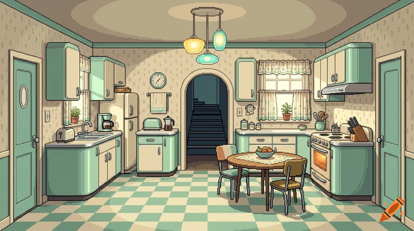 A pixel art illustration of a retro kitchen featuring mint green cabinets, a checkered floor, a dining table with chairs, and an archway leading to stairs.
