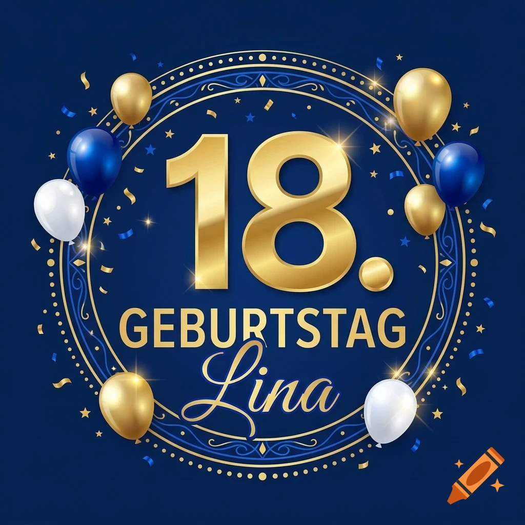 An 18th birthday design in gold and blue with the text GEBURTSTAG Lina, surrounded by balloons and confetti.