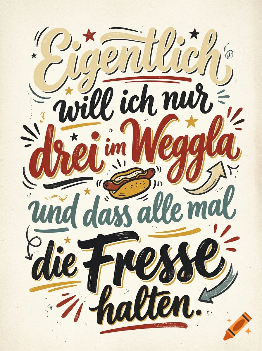 Handlettering poster in German with a small illustration of a hot dog.