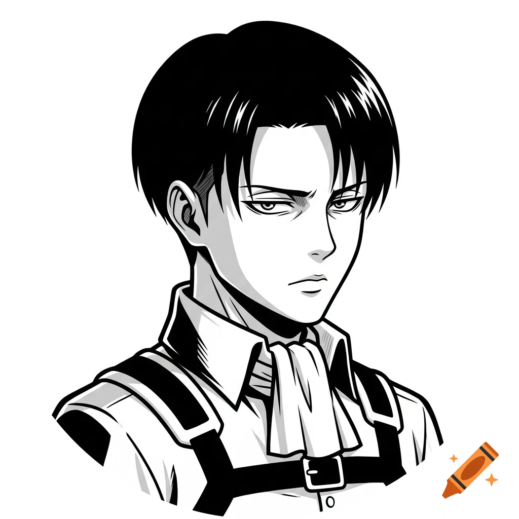 A black and white anime style digital illustration of a stern young man with short dark hair, wearing a high-collared shirt and straps.