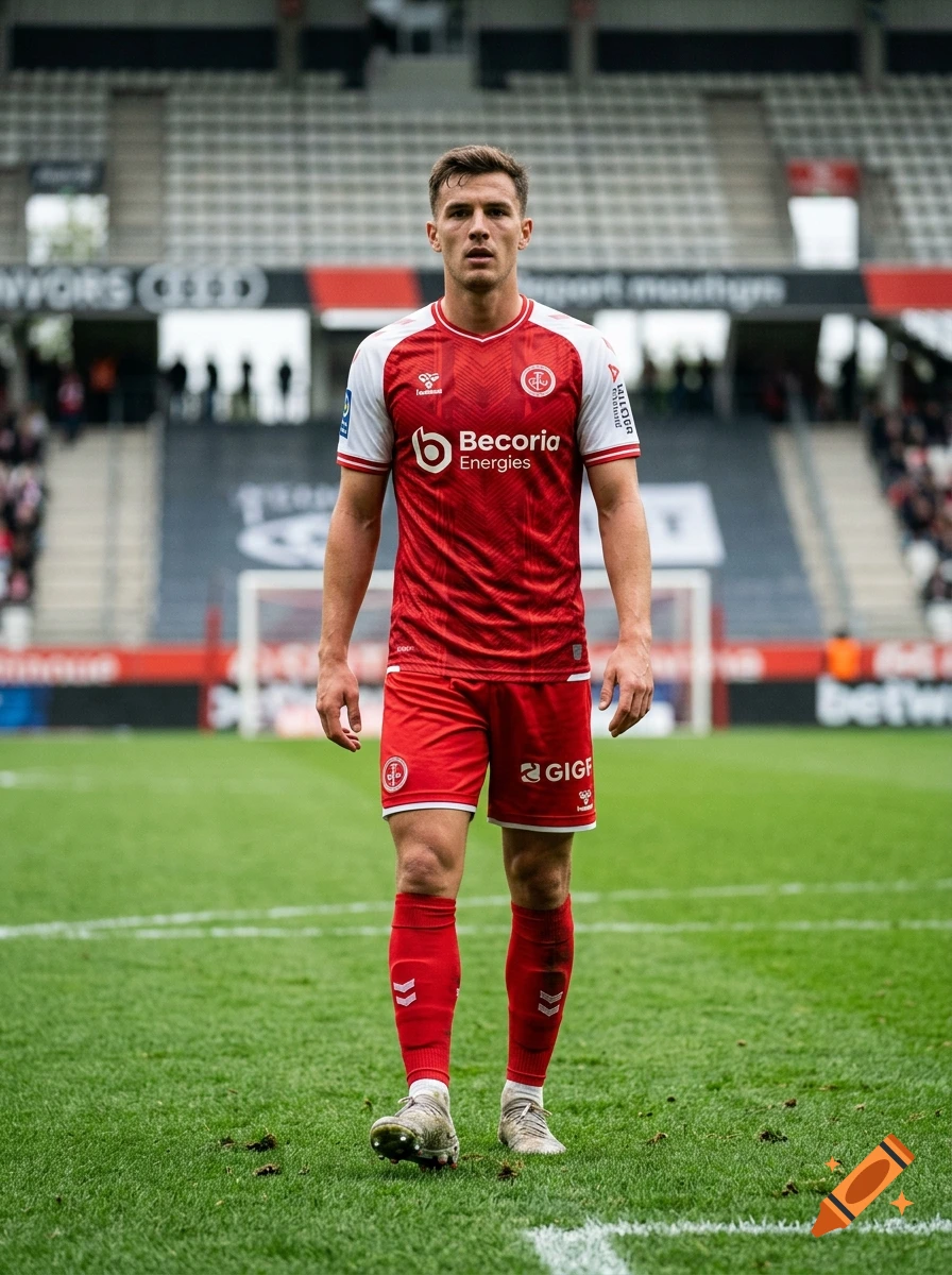 A male soccer player in a red and white uniform stands on a grass field inside a stadium.