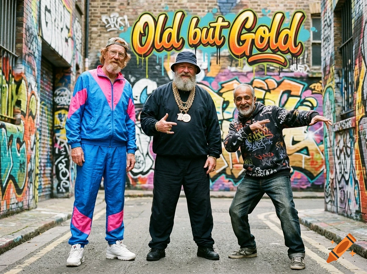 Three older men posing in a graffiti-covered alleyway with the text Old but Gold above them.
