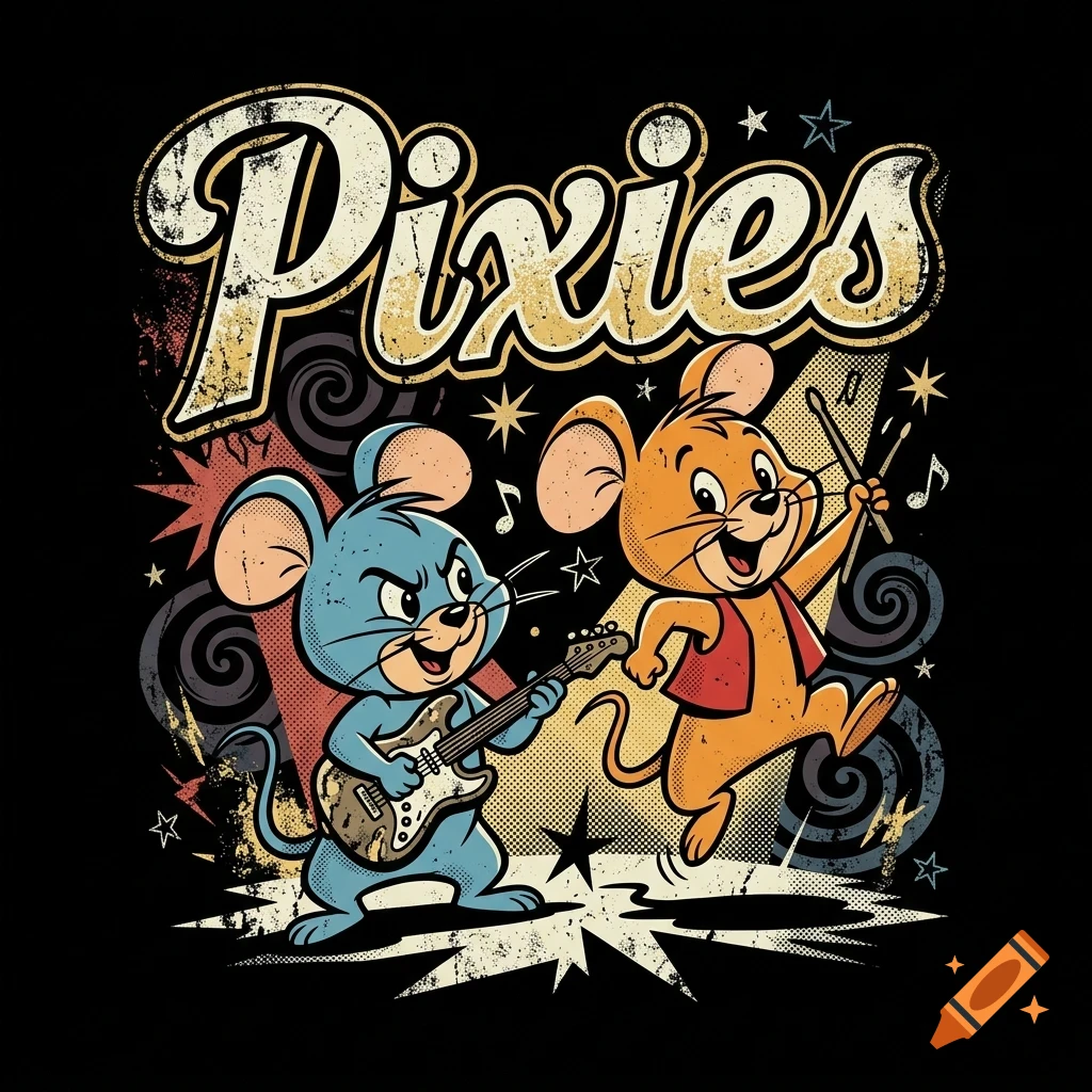 Vintage style graphic illustration of two cartoon mice performing music, with the band name Pixies featured at the top.
