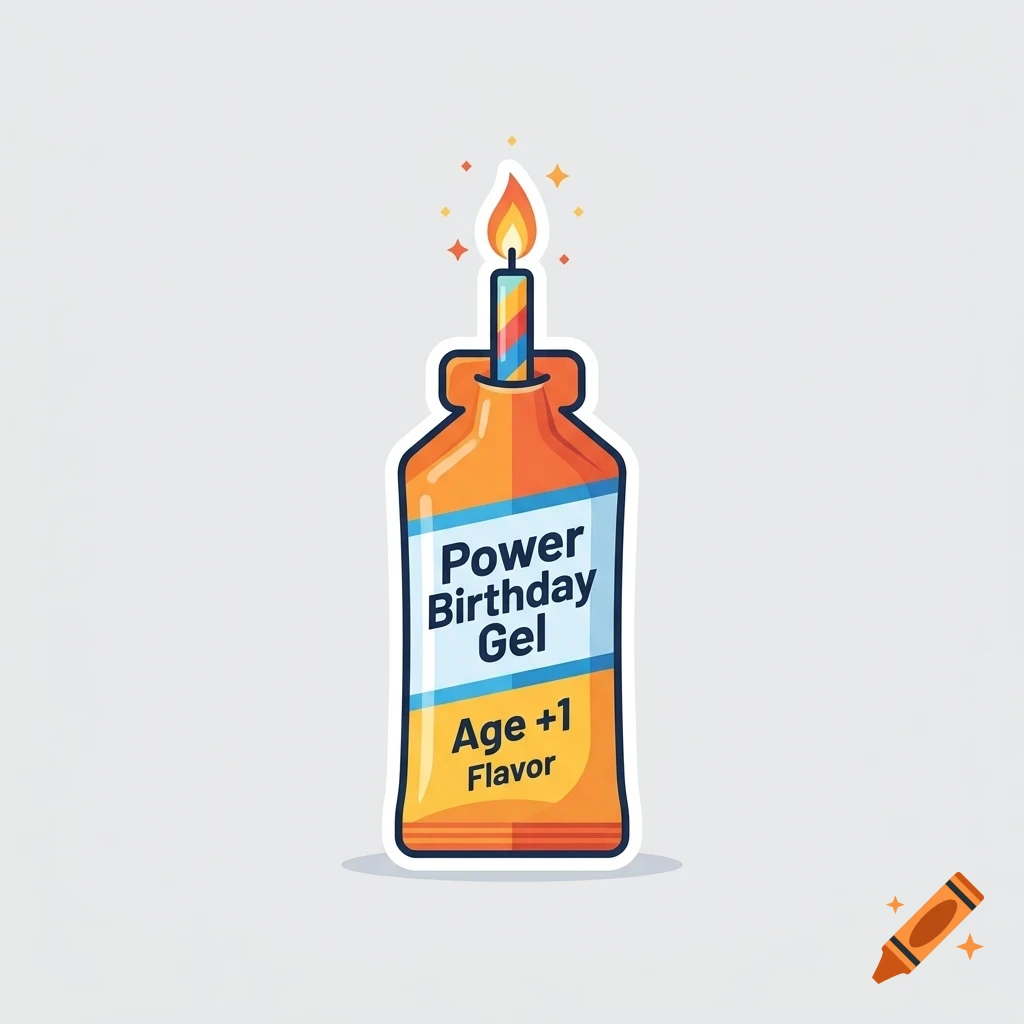 An orange gel packet labeled Power Birthday Gel with a lit birthday candle on top.