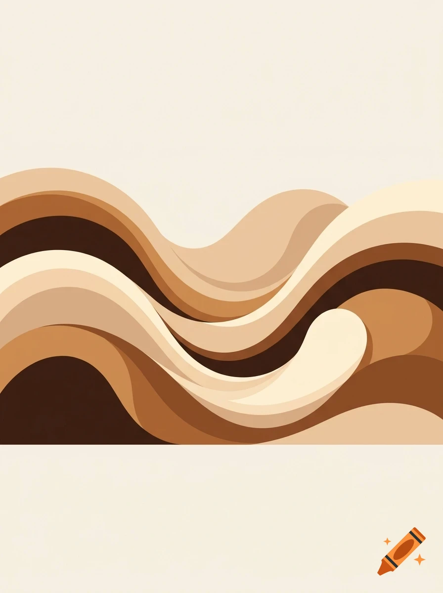 An abstract illustration featuring layered, wavy shapes in shades of brown, tan, and cream on a light beige background.