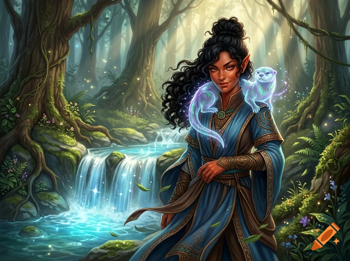 Female wood elf druid with black curly hair and blue robes standing in a magical forest next to a waterfall, with a glowing otter spirit on her shoulder, digital art style.