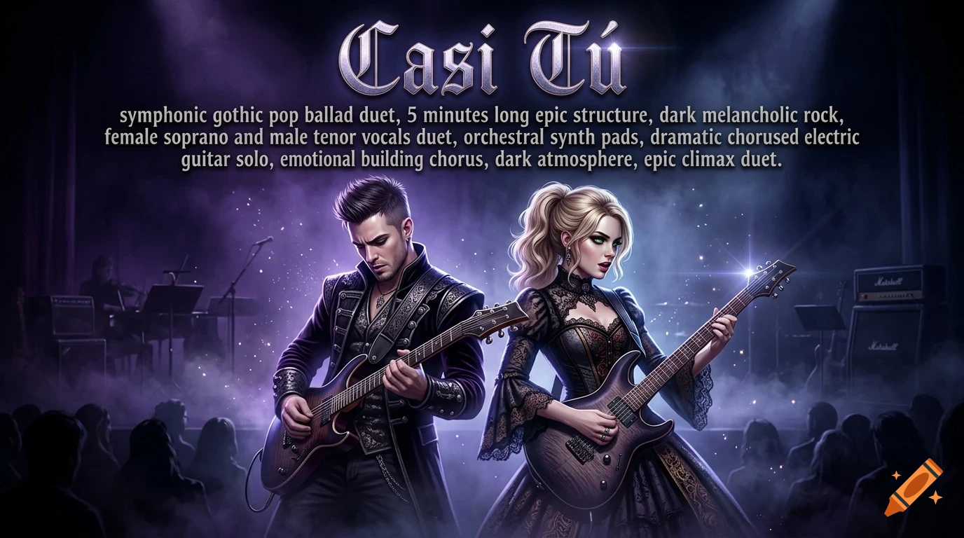 A man and woman play electric guitars on a dimly lit stage with purple lighting and a crowd in the background, beneath the title Casi Tu.