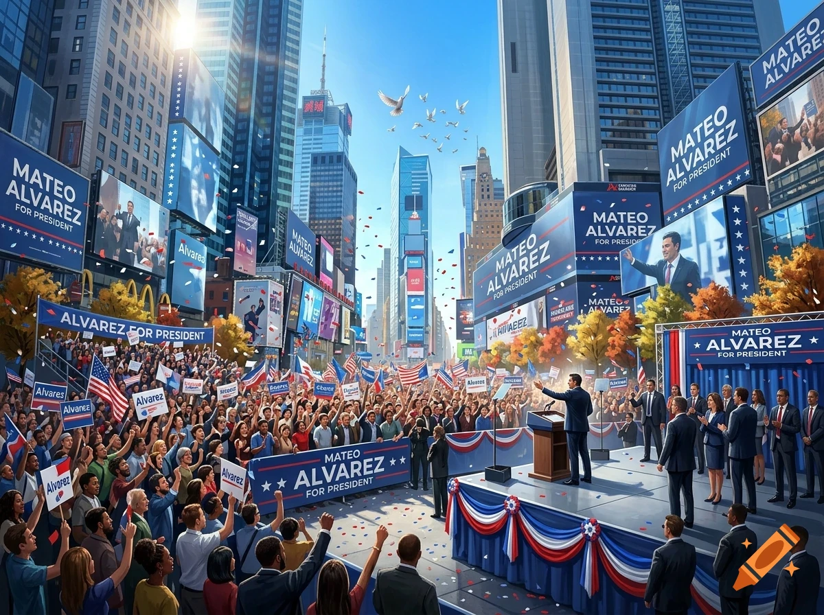 A bustling city square filled with a large crowd attending a political rally for a presidential candidate, featuring many campaign signs, banners, and digital billboards.