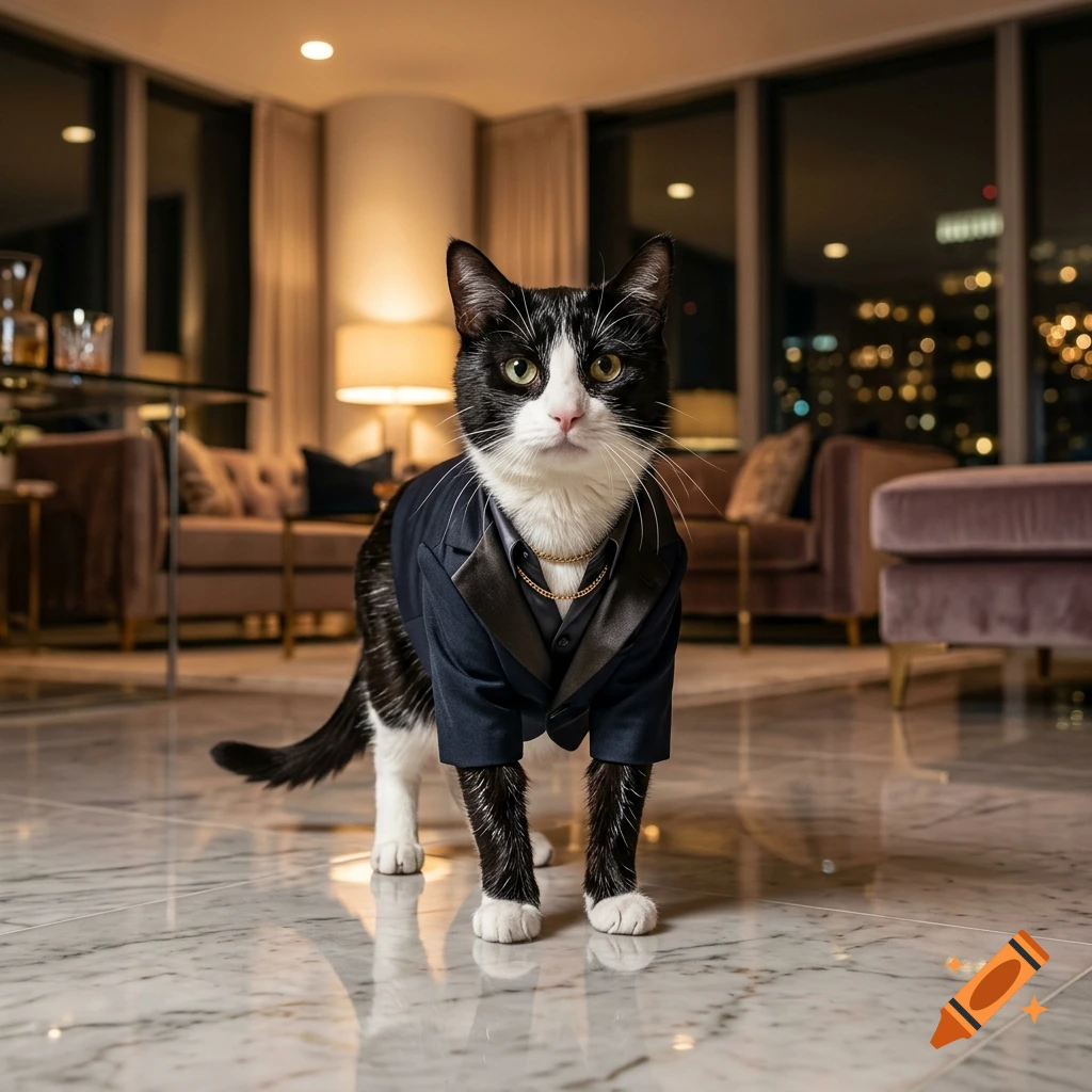 A black-and-white cat wearing a tailored dark suit jacket stands on a glossy marble floor in a modern apartment interior.