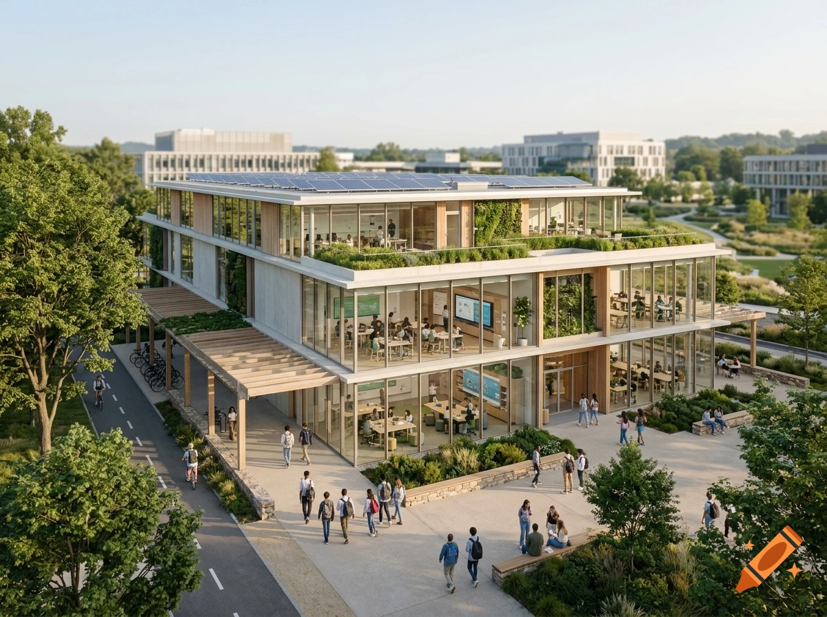 Photorealistic rendering of a modern, sustainable school building with glass walls, solar panels, and students walking outside.