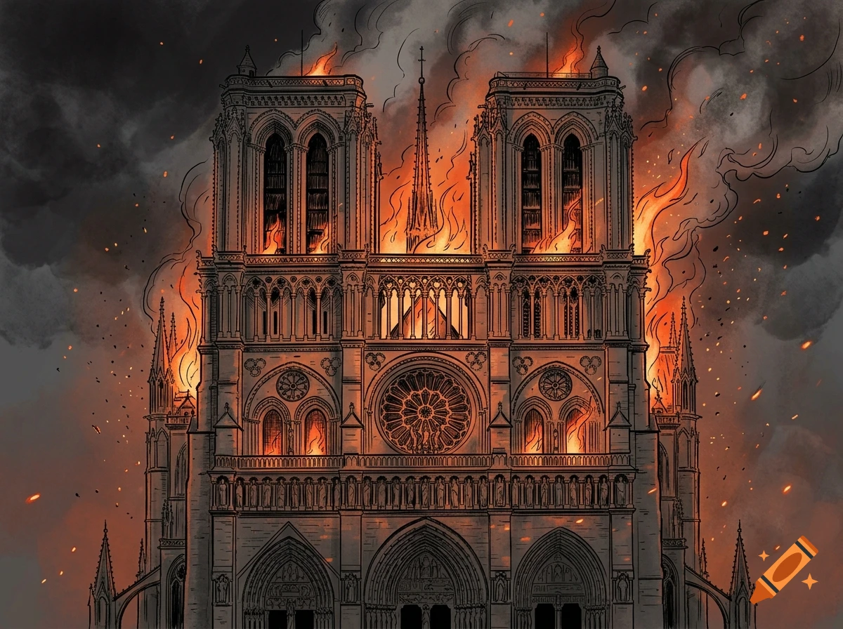 Illustrated front view of the Notre-Dame Cathedral engulfed in flames and thick smoke, in a comic book art style.