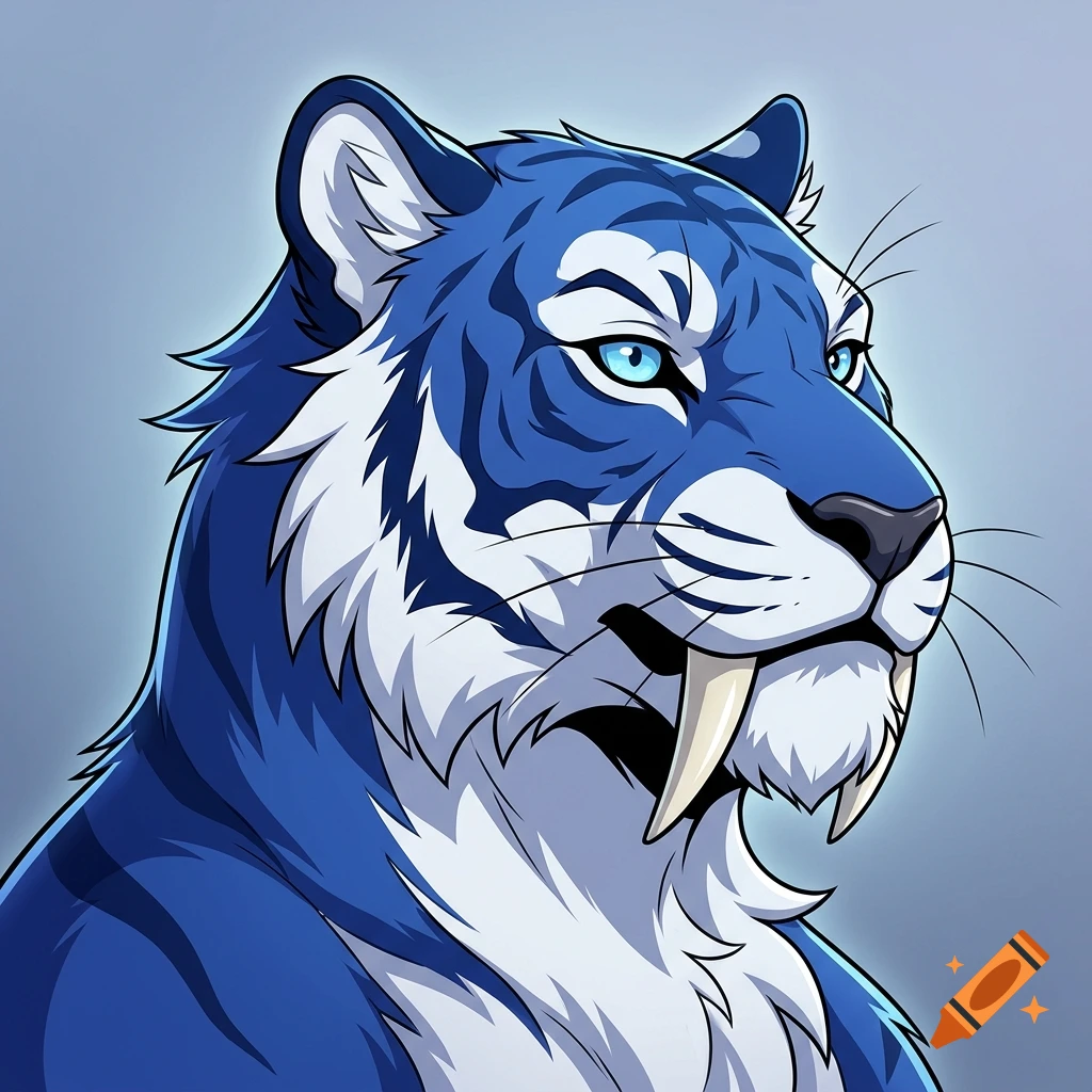 Digital illustration of a blue and white sabertooth tiger with blue eyes in a front-right profile.
