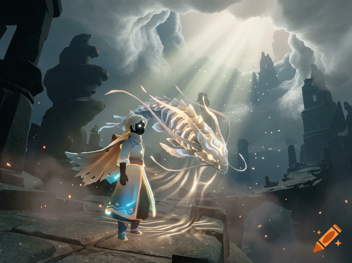 A stylized figure in a glowing cloak stands next to a luminous fantasy creature resembling a dragon amid ancient ruins and cloudy skies with sunbeams.