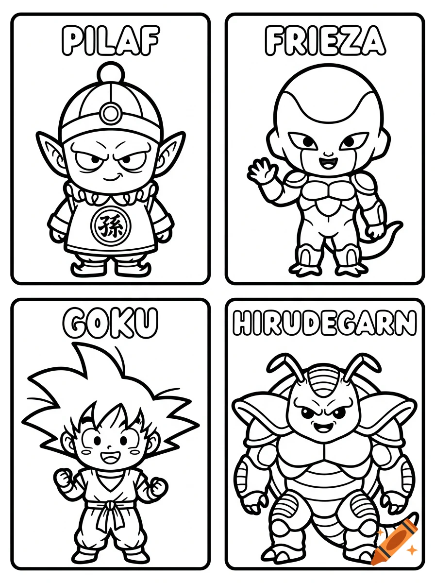 Black and white coloring page featuring four Dragon Ball characters: Pilaf, Frieza, Goku, and Hirudegarn with their names written above each character.