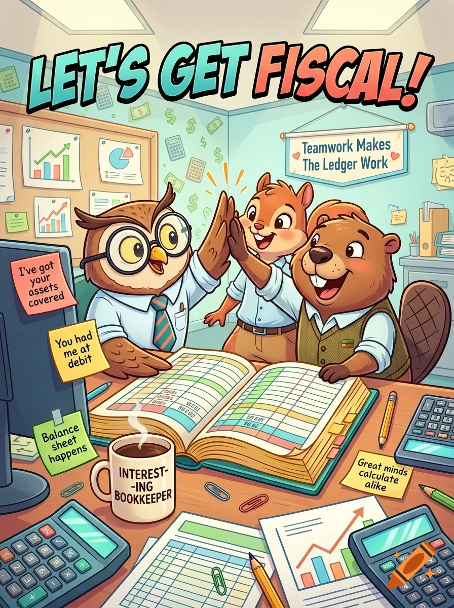 An illustration of an owl, a squirrel, and a beaver working in an office with accounting ledgers, calculators, and coffee mugs, with the text 'LET'S GET FISCAL!' at the top.