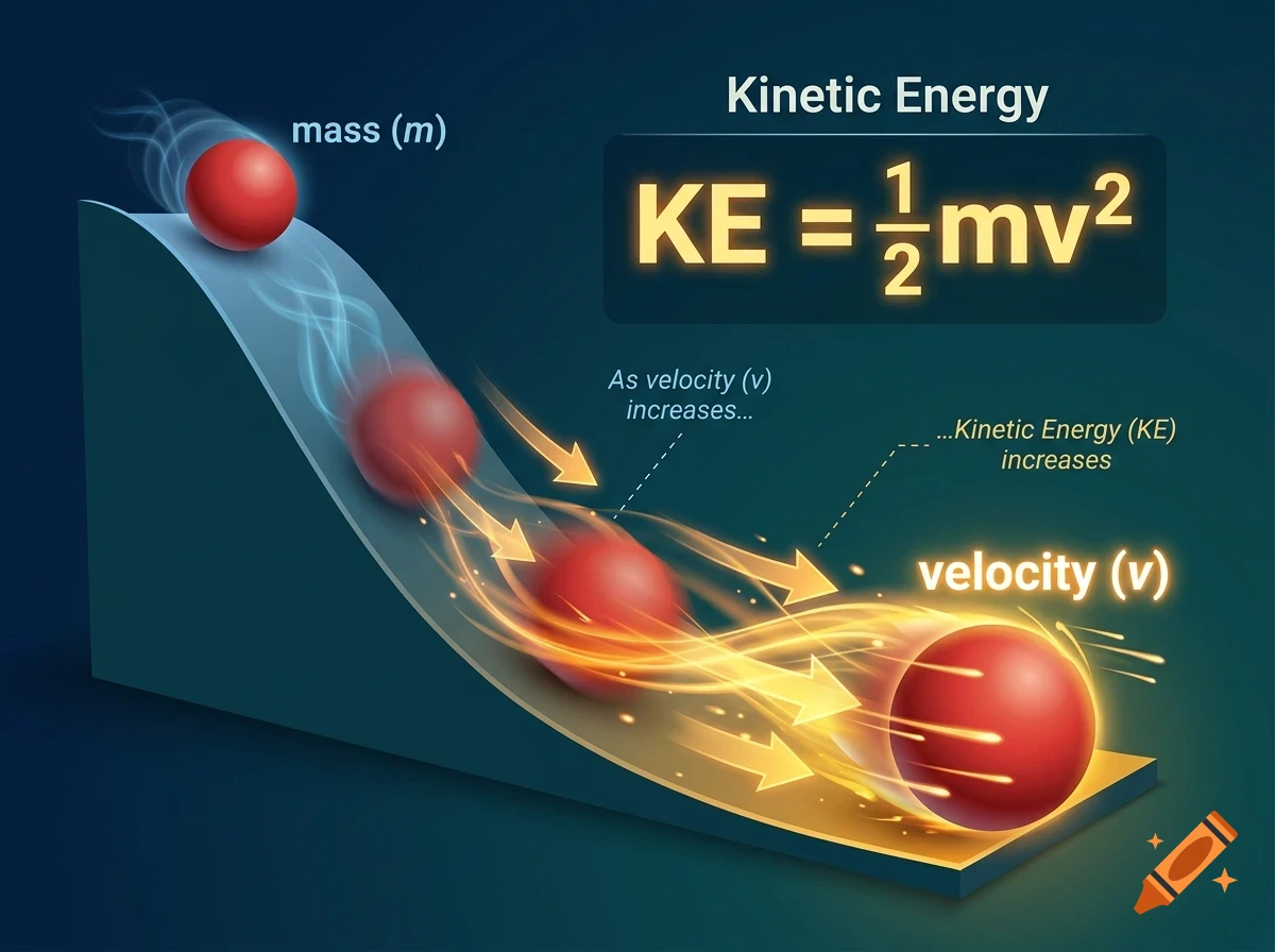 An educational physics diagram illustrating kinetic energy with a red sphere rolling down a slope, showing the formula KE = 1/2 mv² and related labels for mass and velocity.