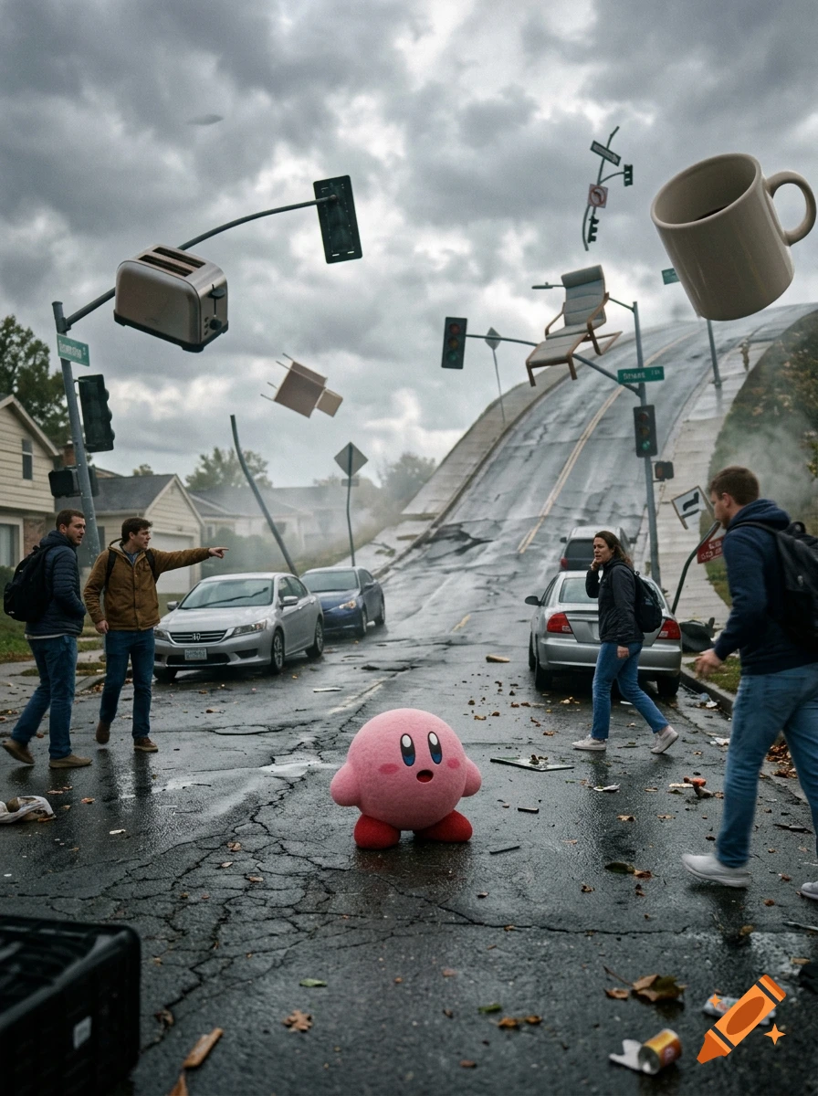 Photorealistic image of Kirby standing on a wet street with various household items floating in the sky above.