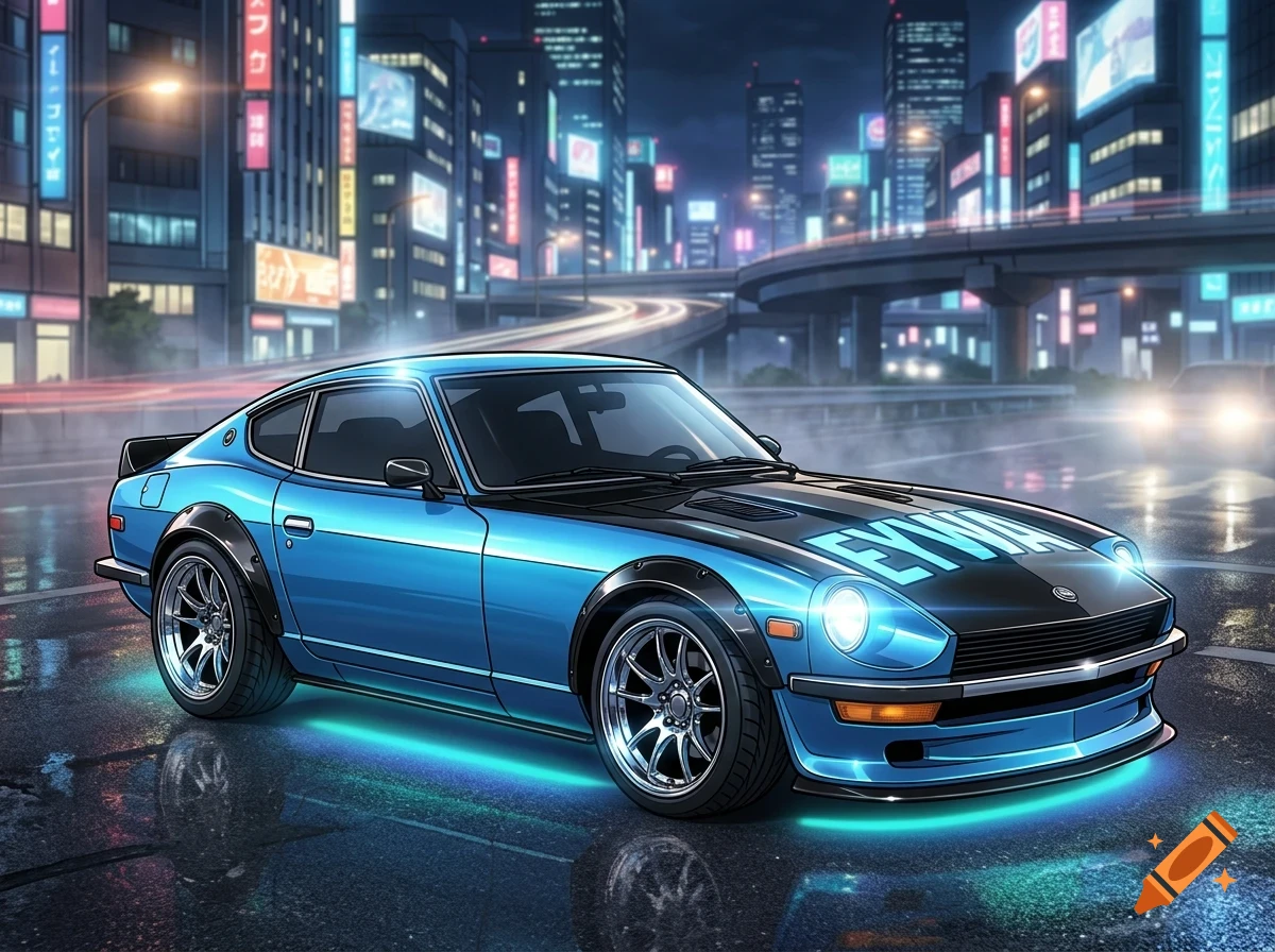 A blue sports car parked on a wet city street at night with neon lights from surrounding buildings.