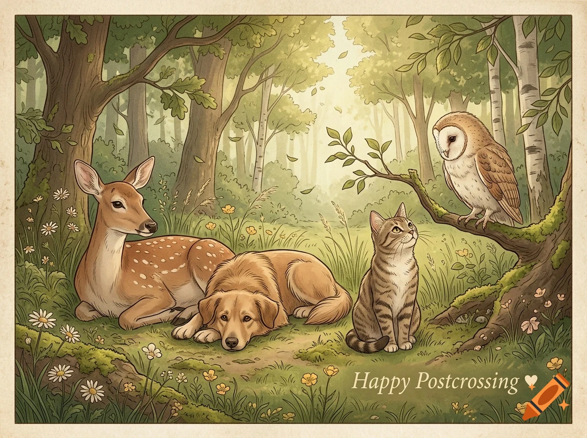 An illustrated woodland scene featuring a deer, a dog, a cat, and an owl together in a sunlit forest with the text Happy Postcrossing.