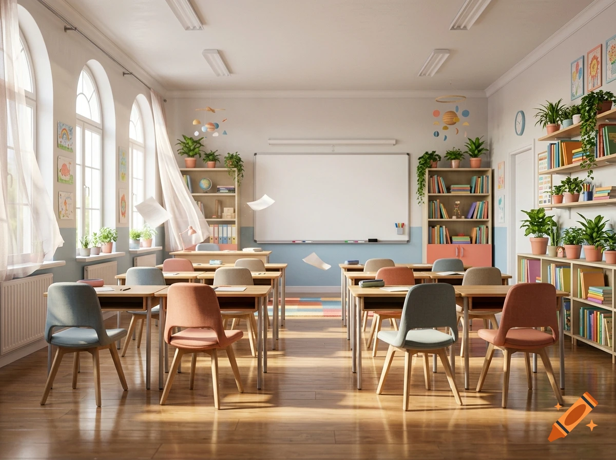 Photorealistic empty classroom with wooden desks, chairs, shelves of books, and large arched windows with sunlight streaming in.