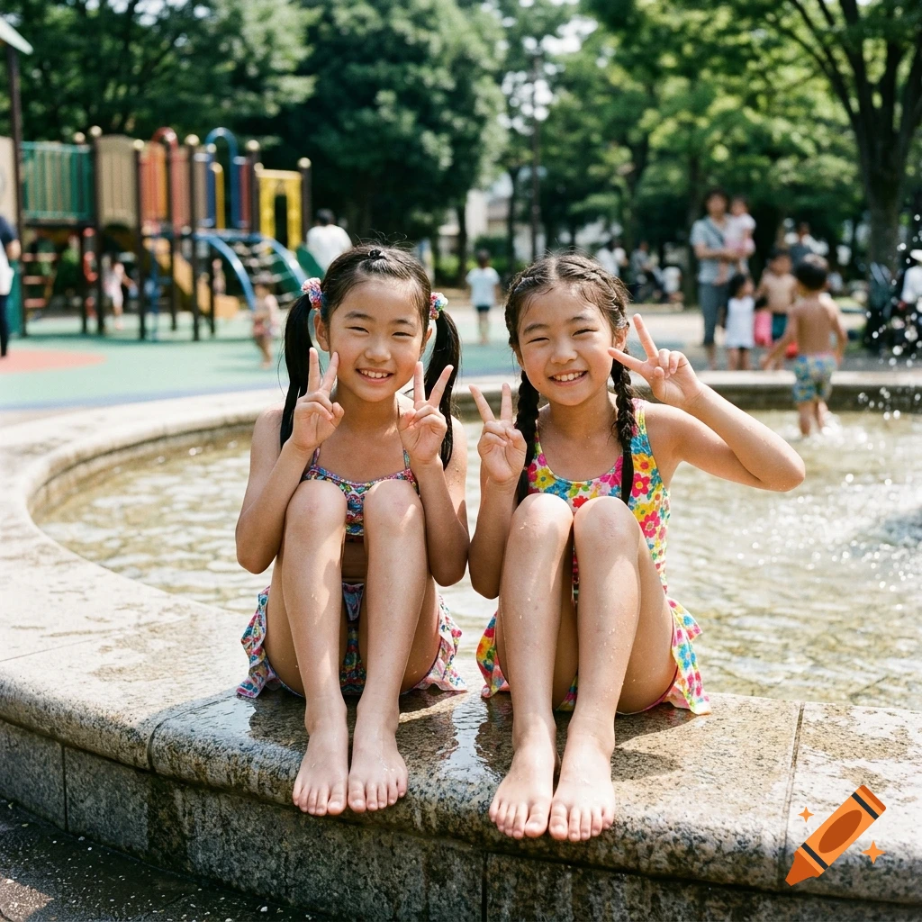 Two young Japanese girls in swimsuits sitting on a fountain edge at a park, making peace signs and smiling.