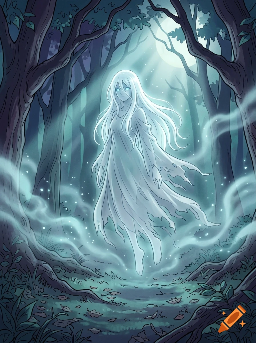 A ghostly figure with long white hair and glowing eyes floats in a misty forest at night.