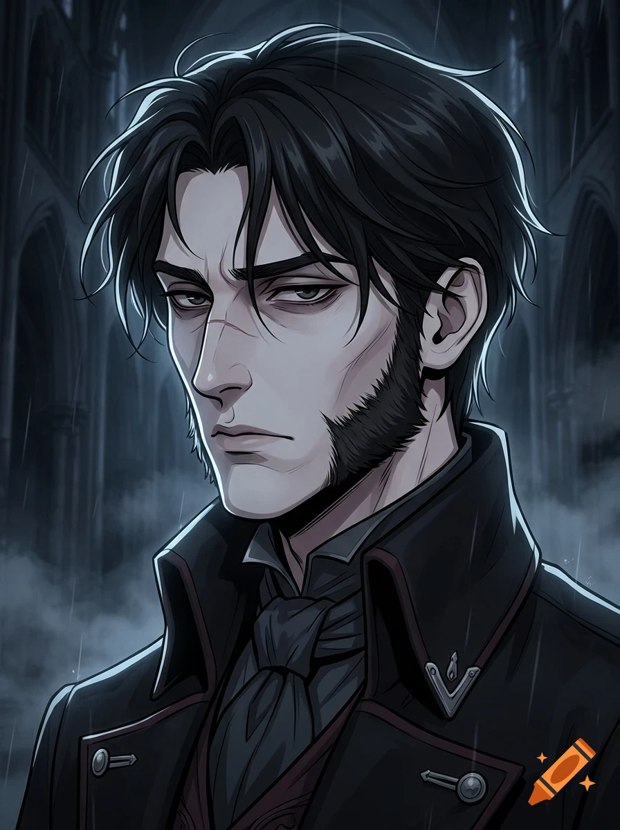 Portrait of a brooding man with dark hair, mutton chops, and a scar on his nose, wearing a high-collared coat in an atmospheric indoor setting.