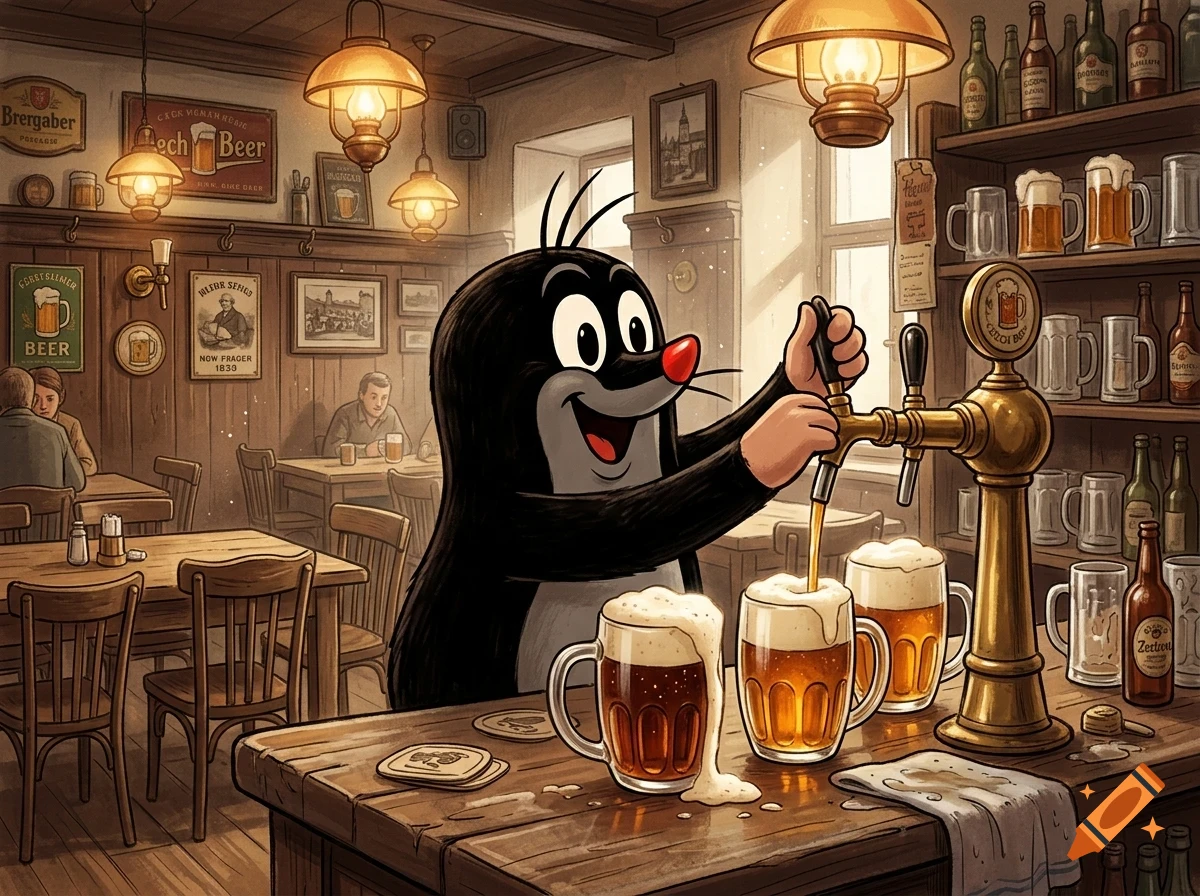 An illustrated mole character pours beer from a tap into mugs inside a rustic pub with wooden booths and shelves of glassware.